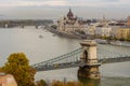Hungarian Parliament, and the Chain bridge Szechenyi Lanchid, over the River Danube, Budapest, Hungary Royalty Free Stock Photo