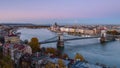 Hungarian Parliament, and the Chain bridge Szechenyi Lanchid, over the River Danube, Budapest, Hungary Royalty Free Stock Photo