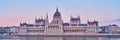 Panorama of Hungarian Parliament at twilight, Budapest, Hungary Royalty Free Stock Photo