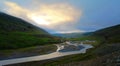 Panorama of Huseyjarkvisl river valley at sunset, Iceland