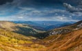 Panorama of idyllic landscape in the spring mountains at sunshine.