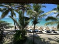 Panorama of idyllic tropical beach with palm trees white sand and turquoise blue water Royalty Free Stock Photo