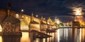 Panorama of Illuminated Charles Bridge, Cultural Monument of the Capital of the Czech Republic