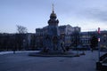 Panorama of Ilyinskiye Vorota Square and Monument to the Hero Grenadiers of Pleven in Moscow, Russia.