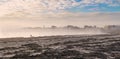 Panorama image of Galway bay and Grattan beach, Cloudy sky, Fog over houses, one person standing by the ocean, low tide Royalty Free Stock Photo