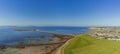 Panorama image, Mutton island, South Park, Salthill Promenade, Galway city, Ireland, Sunny day, Clear blue sky. Aerial view Royalty Free Stock Photo