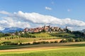 Panorama image of old Swiss town Romont, built on a rock prominence