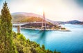 Panorama of impressive Franjo Tudjman bridge and blue lagoon with harbor of Dubrovnik Royalty Free Stock Photo