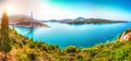 Panorama of impressive Franjo Tudjman bridge and blue lagoon with harbor of Dubrovnik Royalty Free Stock Photo