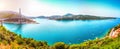 Panorama of impressive Franjo Tudjman bridge and blue lagoon with harbor of Dubrovnik Royalty Free Stock Photo