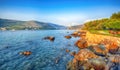 Panorama of impressive Franjo Tudjman bridge at sunset and rocky shore of Dubrovnik Royalty Free Stock Photo