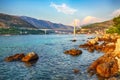 Panorama of impressive Franjo Tudjman bridge at sunset and rocky shore of Dubrovnik Royalty Free Stock Photo