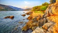 Panorama of impressive Franjo Tudjman bridge at sunset and rocky shore of Dubrovnik Royalty Free Stock Photo