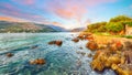 Panorama of impressive Franjo Tudjman bridge at sunset and rocky shore of Dubrovnik Royalty Free Stock Photo