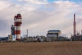 Panorama of industrial landscape environmental pollution waste of thermal power plant. Big pipes of chemical industry enterprise Royalty Free Stock Photo