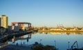 Panorama of the industrial part of La Boca, with cranes of the port and the bridge of Avellaneda in the background. Buenos Aires,