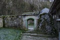 Panorama an inner courtyard with entrance toward tomb in Demir Baba Teke, cult monument honored by both Christians and Muslims