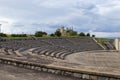 Panorama of the Interior of the Arena. Stone Amphitheater Against the Backdrop of the Castle in Diamante, Cirella, Italy. Round