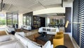 Panorama of the interior design of the library at the Oberoi Beach Resort, Al Zorah, Ajman, UAE.