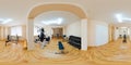 panorama in interior gym with exercise machines. Full 360 by 180 degree seamless spherical panorama in equirectangular projection Royalty Free Stock Photo