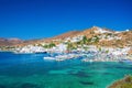 Panorama of Ios Chora and old harbor, Cyclades, Greece. Royalty Free Stock Photo