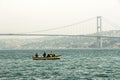 Panorama of Istanbul in the area of Golden Horn Bay on a cloudy foggy day