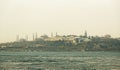 Panorama of Istanbul in the area of Golden Horn Bay on a cloudy foggy day