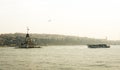 Panorama of Istanbul in the area of Golden Horn Bay on a cloudy foggy day