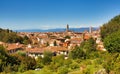 Panorama of the Italian city Florence with the golden bridge and the Duomo cathedral. Arno river and Ponte Vecchio panorama of