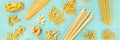 A panorama of Italian pasta variety, flat lay banner, overhead shot