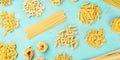 A panorama of Italian pasta variety, flat lay banner, shot from the top