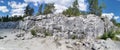 Panorama of an Italian quarry with smooth sections of marble in the Ruskeala Mountain Park on a sunny summer day