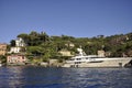 Panorama with Italian Riviera Architecture seen from sea. Liguria region in Italy.