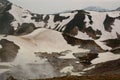 Panorama of Jigokudani, the hell`s valley. Murodo. Tateyama Kurobe alpine route. Japan Royalty Free Stock Photo