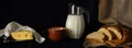 Panorama with a jug of milk, cheese, egg and bread on a dark background Royalty Free Stock Photo