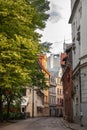 Panorama of the Kaleju iela street in Riga, a pedestrian cobblestone street of Vecriga Vecpilseta, the historical center old town