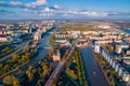 Panorama Kaliningrad Russia, Fishing Village, cathedral on island of Kant, sunset summer day, Aerial top view Royalty Free Stock Photo