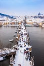 Karlov or Charles bridge in Prague in winter