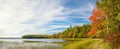 Panorama of Kejimkujik lake in fall from Jeremy Bay Campground Royalty Free Stock Photo