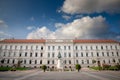 Panorama of the Kossuth ter square of Pecs, Hungary, with the baranya county government building and the Kossuth lajos statue