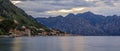 Panorama of Kotor Bay or Boka Kotorska with mountains, clear water at sunset, the Balkans Montenegro on the Adriatic Sea Royalty Free Stock Photo