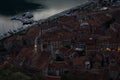 Panorama of Kotor old town with harbor and boats seen from Lookout