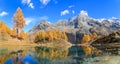 Panorama of Lac Bleu of Arolla lake in Canton Valais in colorful autumn Royalty Free Stock Photo