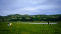 panorama of Laceno lake, Campania, Italy. green mountain panorama. spring