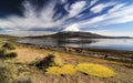 Panorama of Lago Chungara and Parinacota volcano