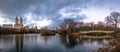 Panorama of The Lake, Bow Bridge and buildings in Central Park - New York, USA Royalty Free Stock Photo