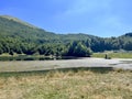 panorama of Lake Calamone at the foot of Mount Ventasso Reggio Emilia, in August with low water