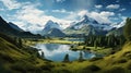 Mountain panorama with lake, forest and blue sky