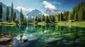 Mountain panorama with lake, forest and blue sky