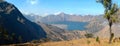 Panorama of the lake in the crater of the volcano Rinjani, a small eruption, Lombok Island, Indonesia Royalty Free Stock Photo